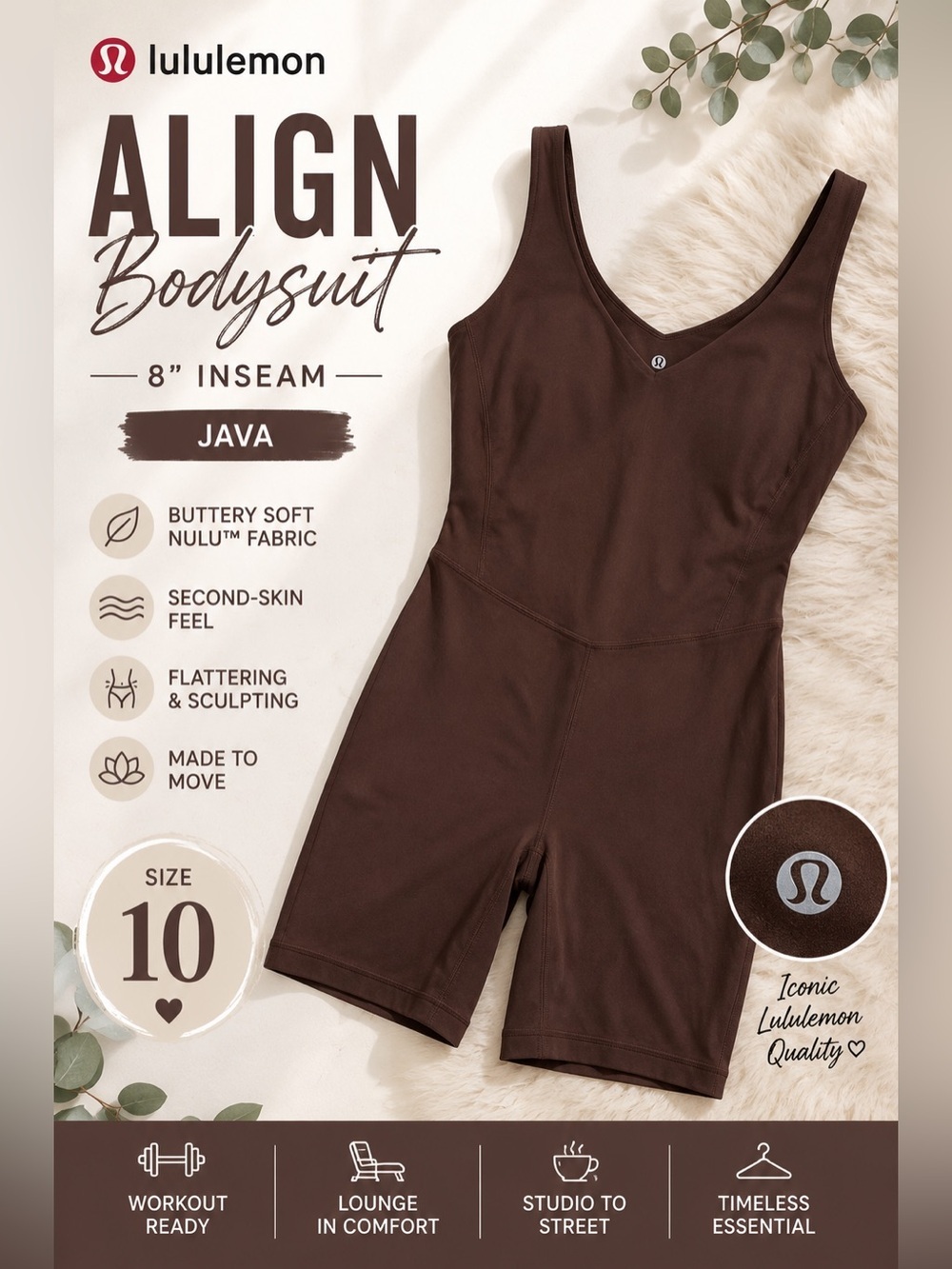Lululemon Align Bodysuit 8” Java Brown Size 10 Nulu